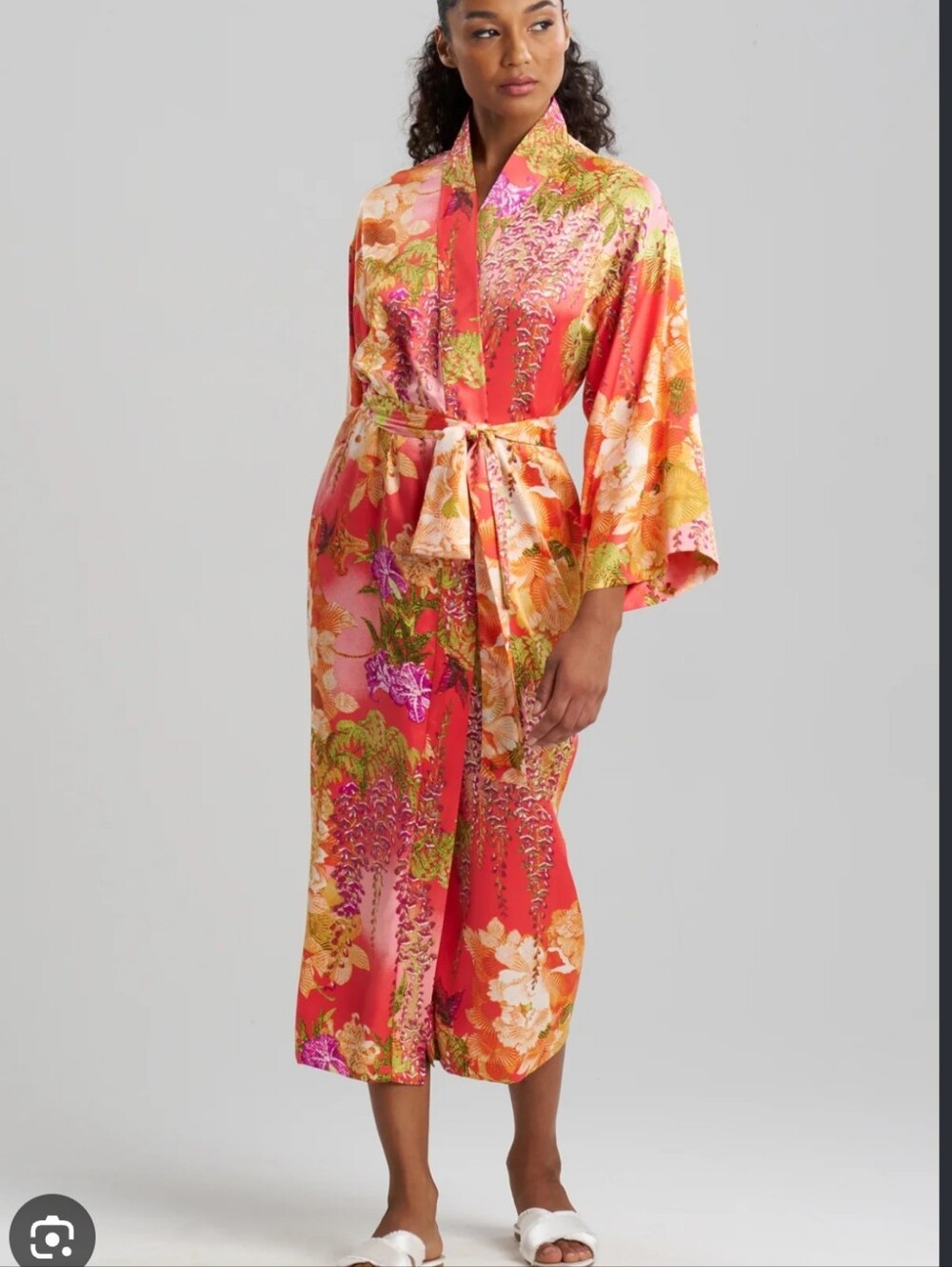 NATORI Women's Wisteria Garden Satin Lightweight Floral Robe Orange Pink 2X